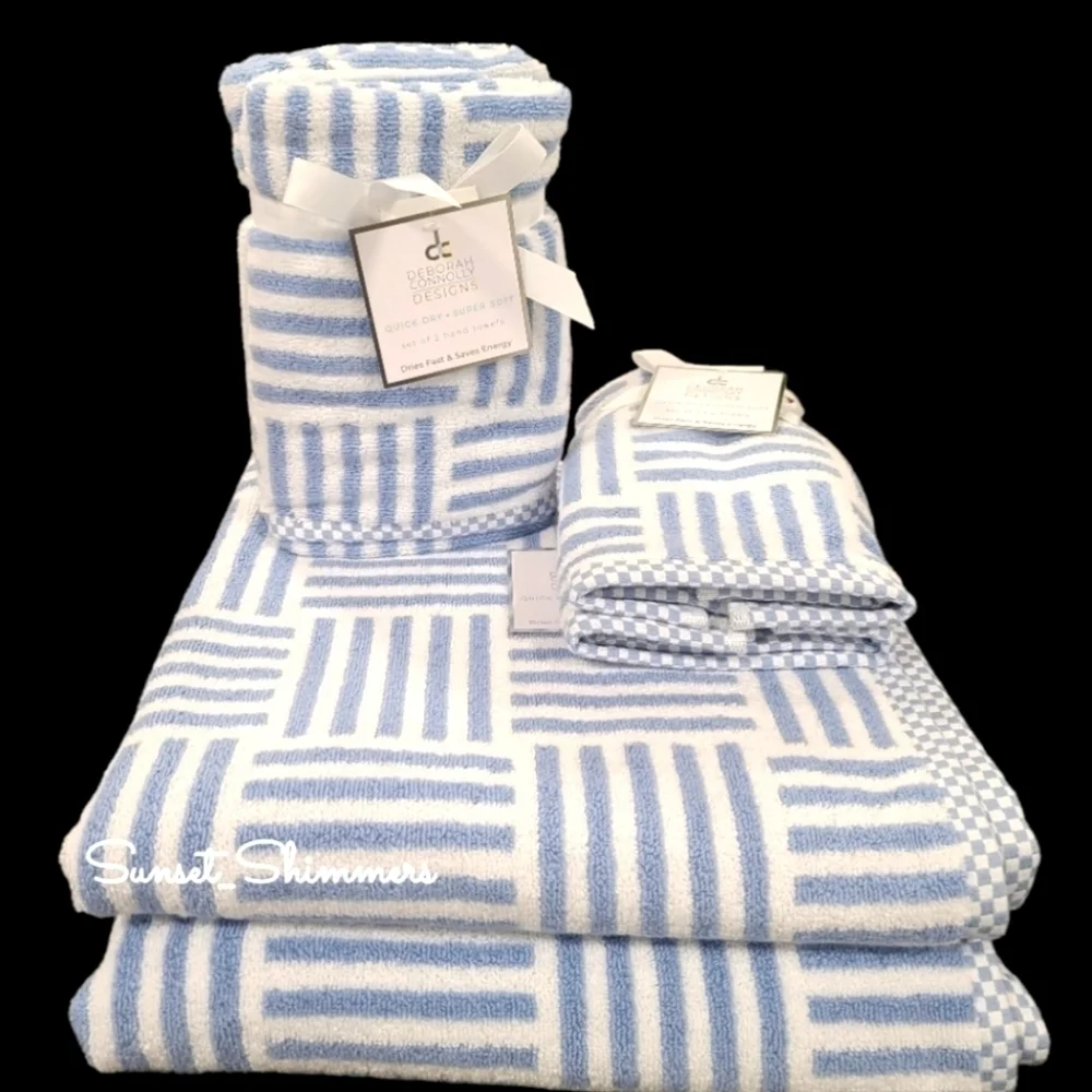 6pc Blue & White Nautical Stripe BATH Hand Tip Towel Set Deborah Connolly New